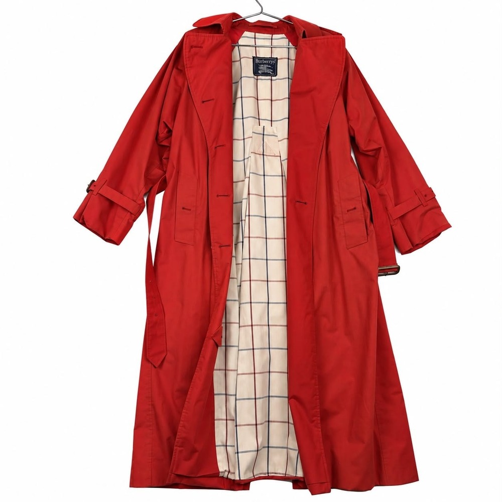 Vintage 1980's Burberrys Red Long Trench Coat Women's Size 8 Belted Plaid Lined